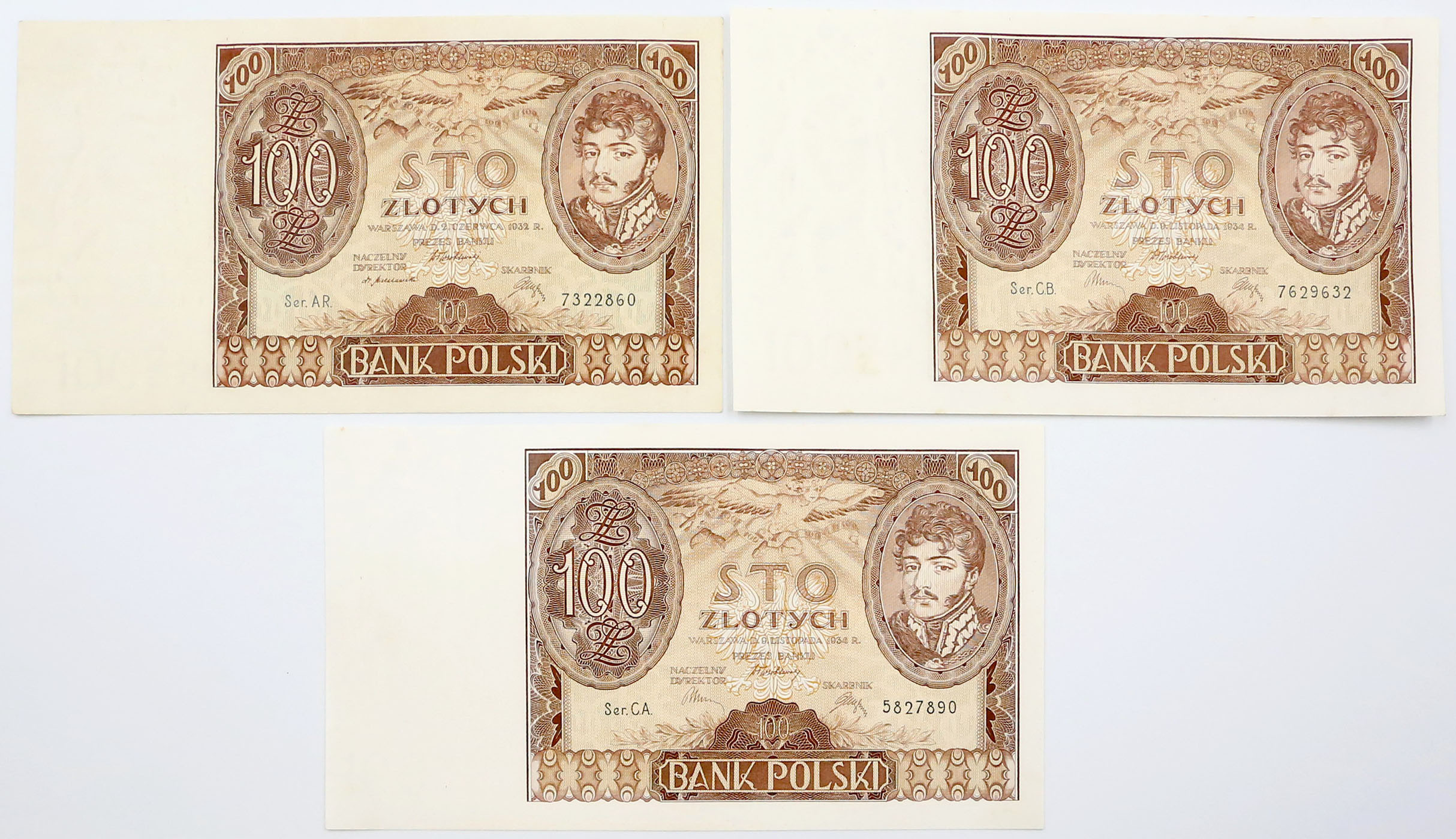 100 złotych 1932, 1934, zestaw 3 sztuk